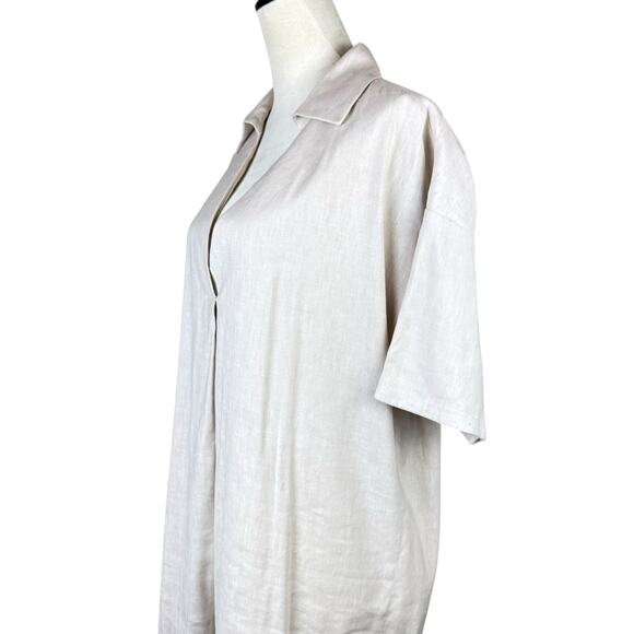 Preston & York Neutral Tan Linen Blend V-neck Collared Knee Length Shift Dress - Picture 5 of 11